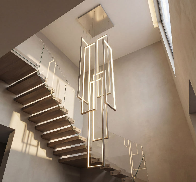 Modern black geometric LED chandelier featuring minimalist interlocking rectangles creating architectural lighting statement in contemporary entryway