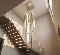 Thumbnail for Modern black geometric LED chandelier featuring minimalist interlocking rectangles creating architectural lighting statement in contemporary entryway