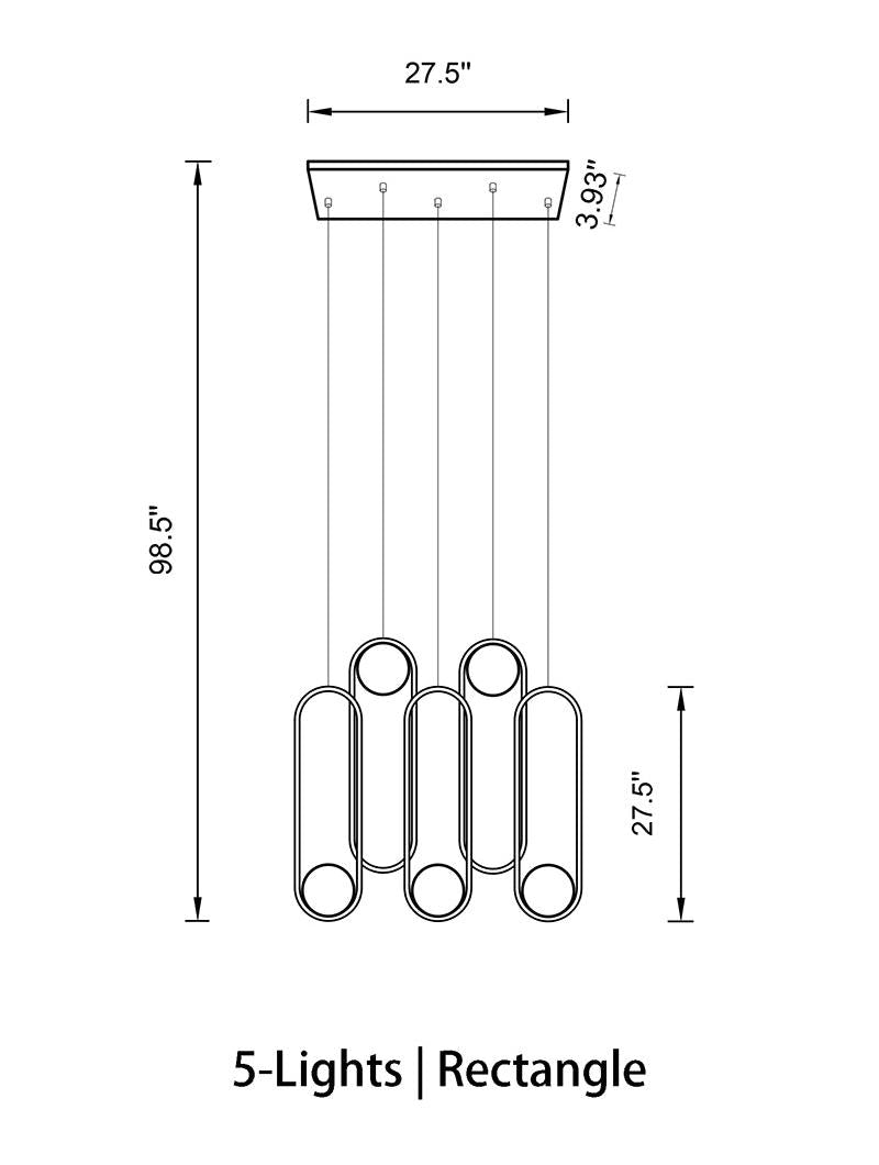 Gold and black 5-light chandelier, rectangular base, frosted white glass shades for stairwell foyer dining room