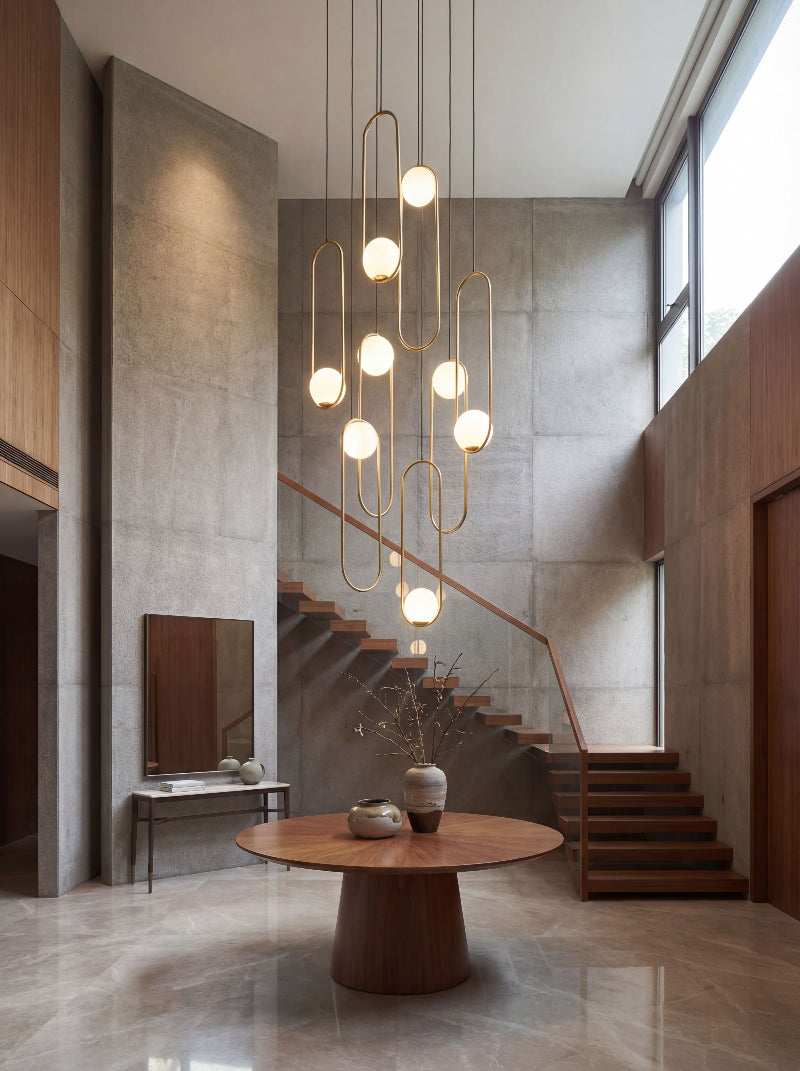 Luxury gold glass globe pendant chandelier with random arrangement creating dramatic lighting effect in grand staircase foyer