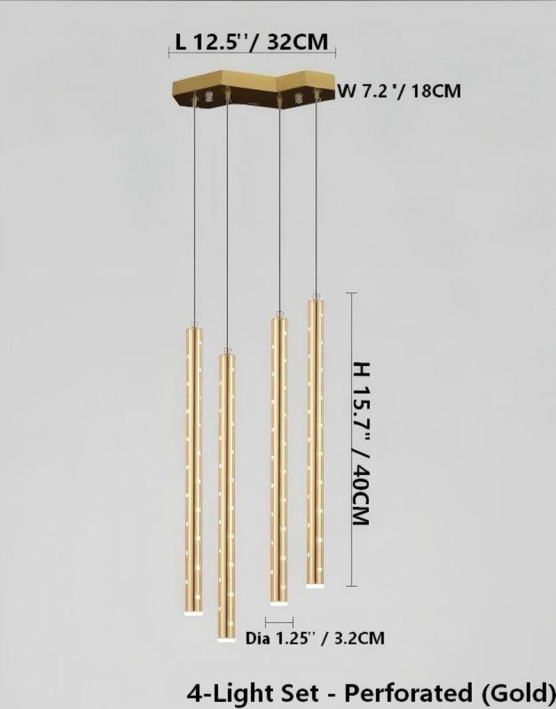 Four modern, gold-colored, linear cylindrical pendant lights with a shooting star design, featuring perforated tubing, are used for lighting in entryways, dining rooms, and other spaces.