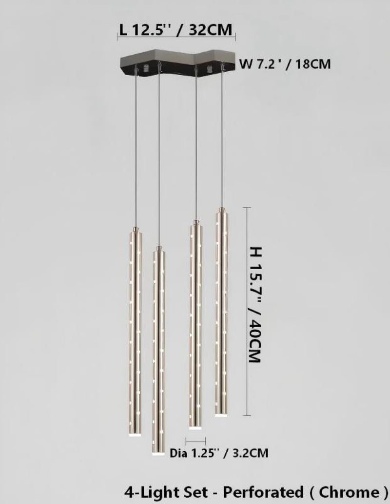 Dimensions diagram for a four-light, openwork, linear cylindrical pendant light, featuring a silver "meteor shower" design, suitable for dining rooms and kitchen islands.
