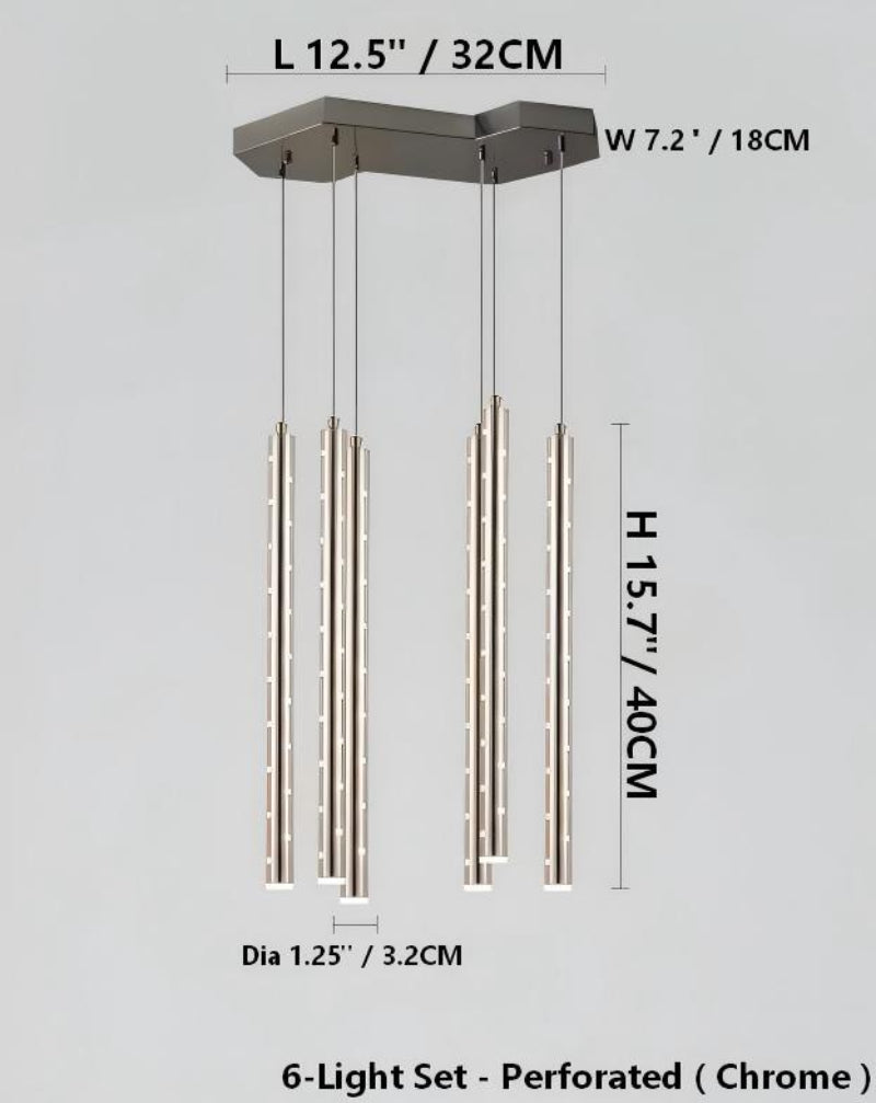 A six-light linear cylindrical pendant light with marked dimensions, featuring a silver "meteor shower" design, suitable for dining rooms and kitchen island lighting.