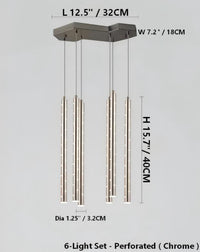 Thumbnail for A six-light linear cylindrical pendant light with marked dimensions, featuring a silver 