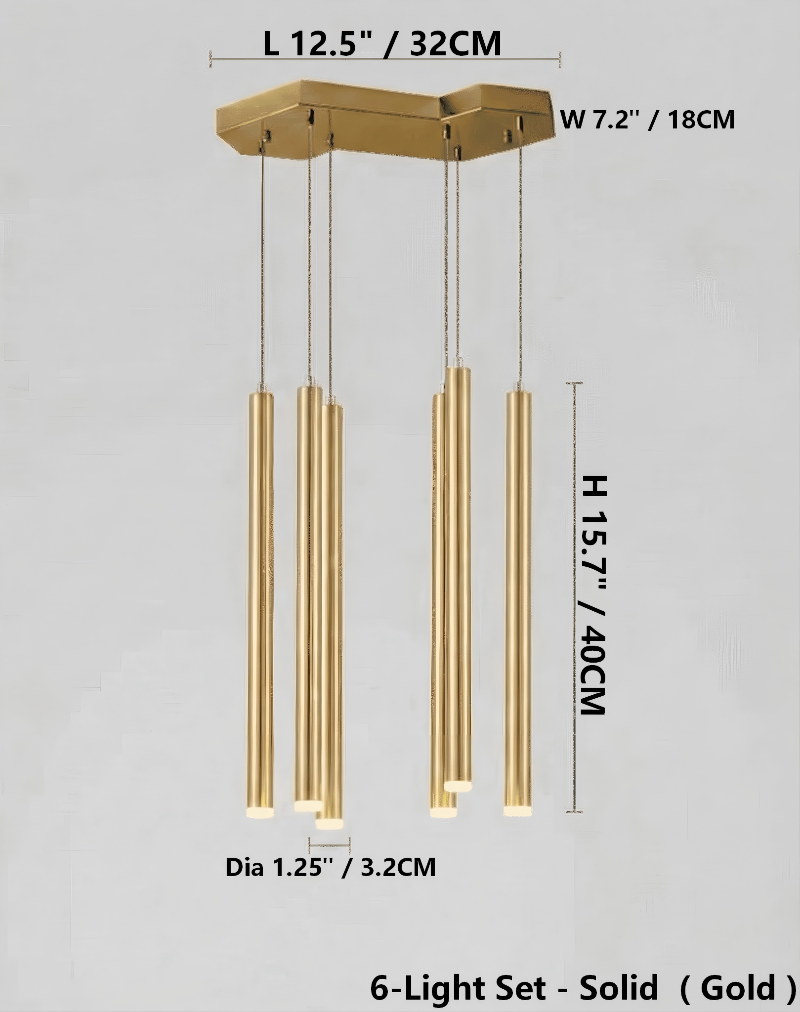 Six-light gold linear cylindrical pendant light with a shooting star design, suitable for dining rooms, kitchen islands, and dining tables.