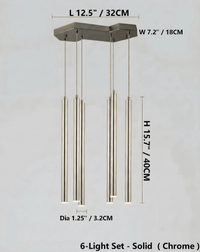 Thumbnail for A six-light linear cylindrical pendant light with marked dimensions, featuring a silver 