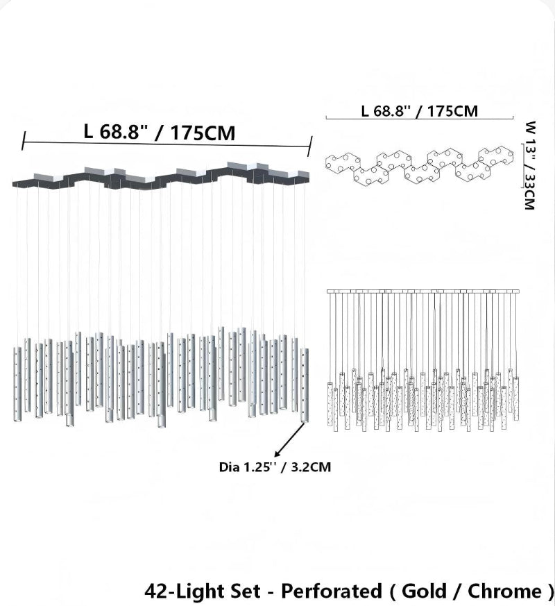 42-light modern linear pendant with golden meteor shower design and perforated tubes for dining table kitchen island lighting