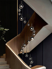 Thumbnail for Clear blown glass ombre bubble pendant, gradient black globes in mixed sizes for staircase foyer high ceiling