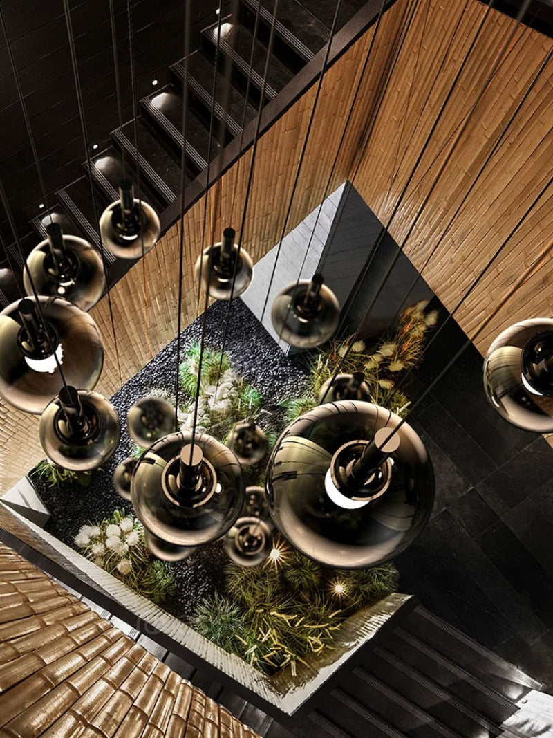 Bubble globe ombre chandelier, gradient black glass in mixed sizes for staircase foyer entryway high ceiling lighting