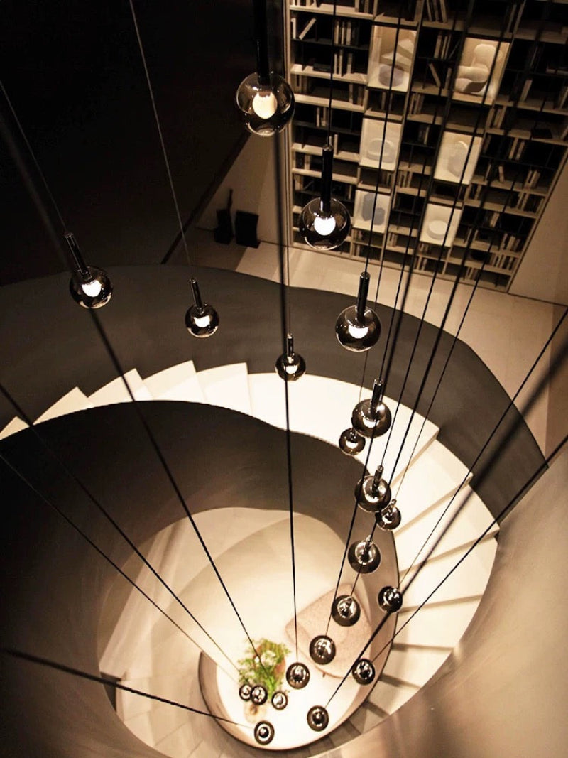 Luxury ombre glass chandelier for foyer and entryway, gradient black globes in spiral for staircase high ceiling