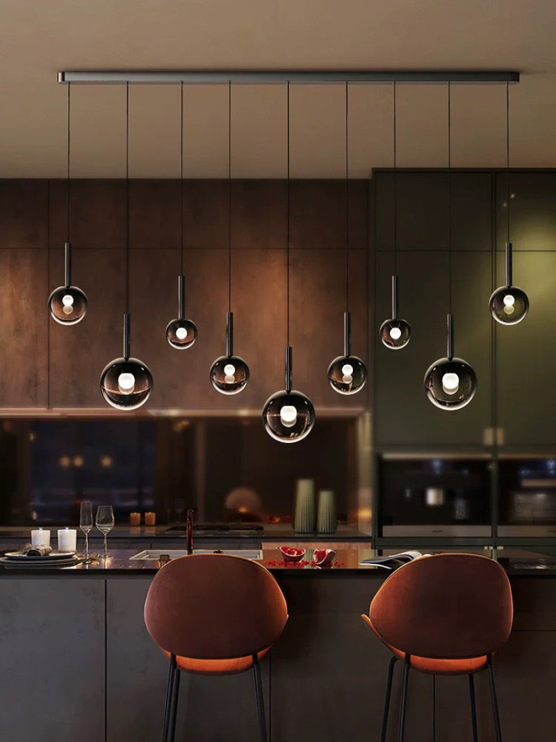 Modern ombre glass chandelier for dining room, gradient black globes in mixed sizes for foyer high ceiling lighting