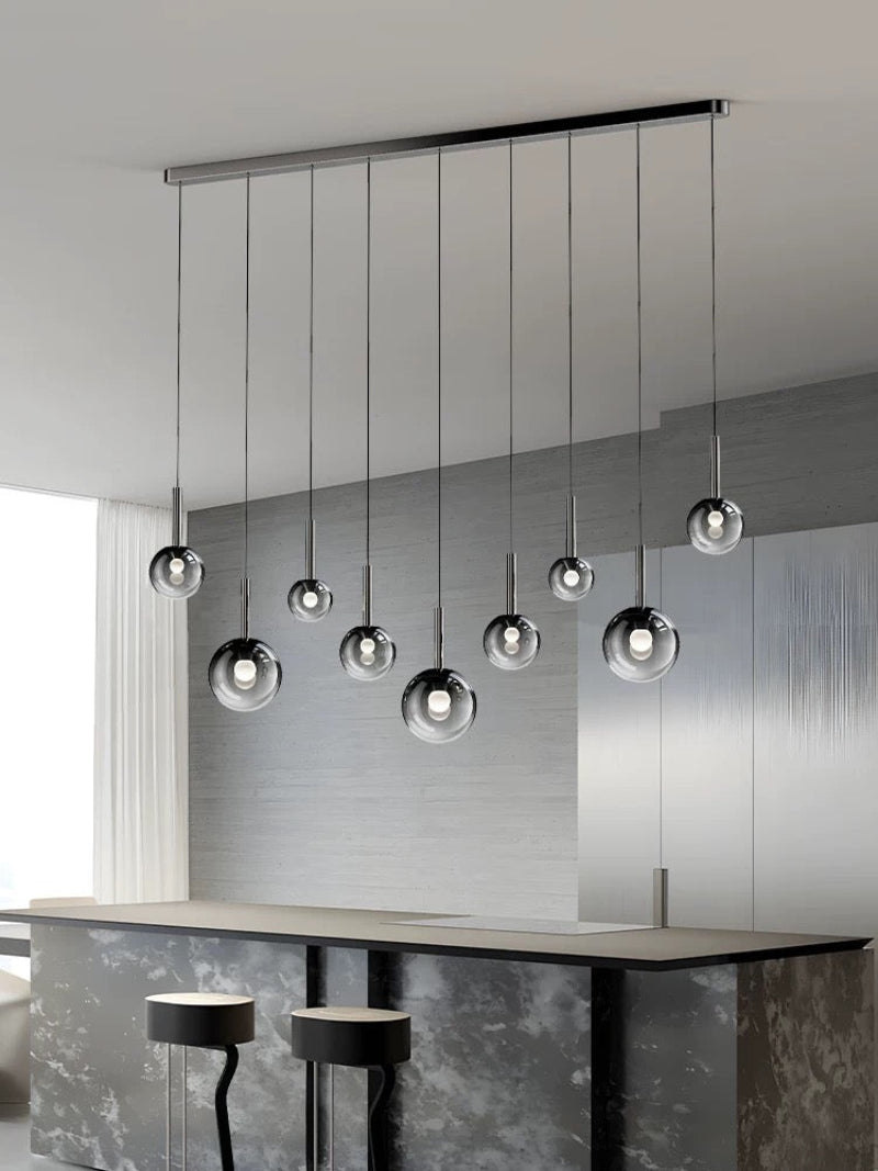 Ombre bubble glass chandelier, gradient black globes in mixed sizes for dining room foyer staircase high ceiling