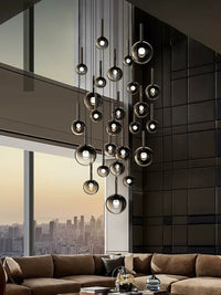 Thumbnail for Black ombre glass chandelier, gradient globes in mixed sizes for modern staircase foyer high ceiling lighting