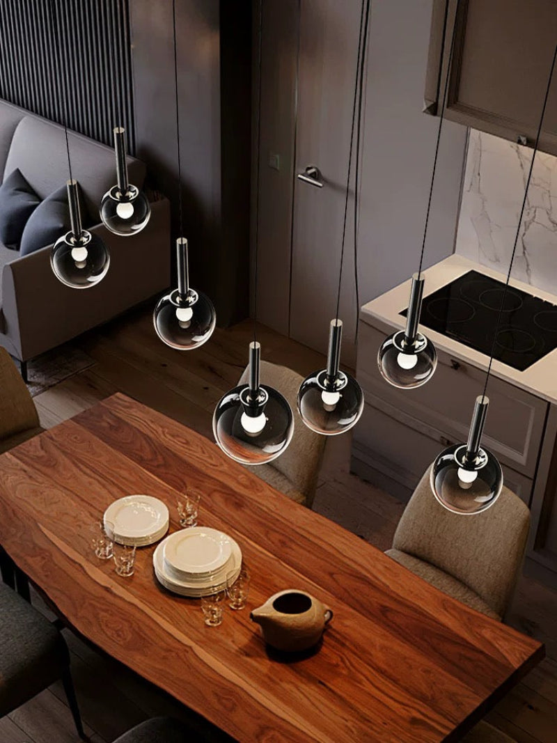 Modern ombre glass chandelier for dining room, gradient black globes in mixed sizes for foyer high ceiling lighting