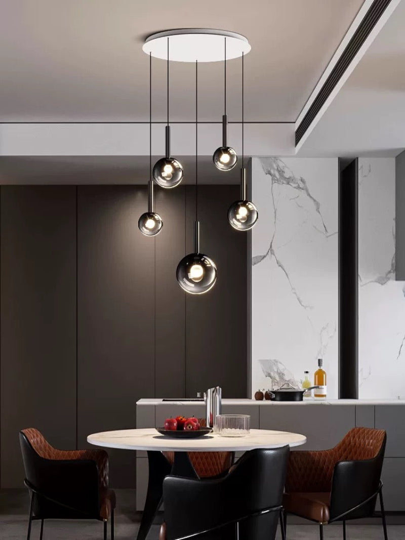 Ombre bubble chandelier light, gradient black glass globes in mixed sizes for dining room foyer high ceiling lighting