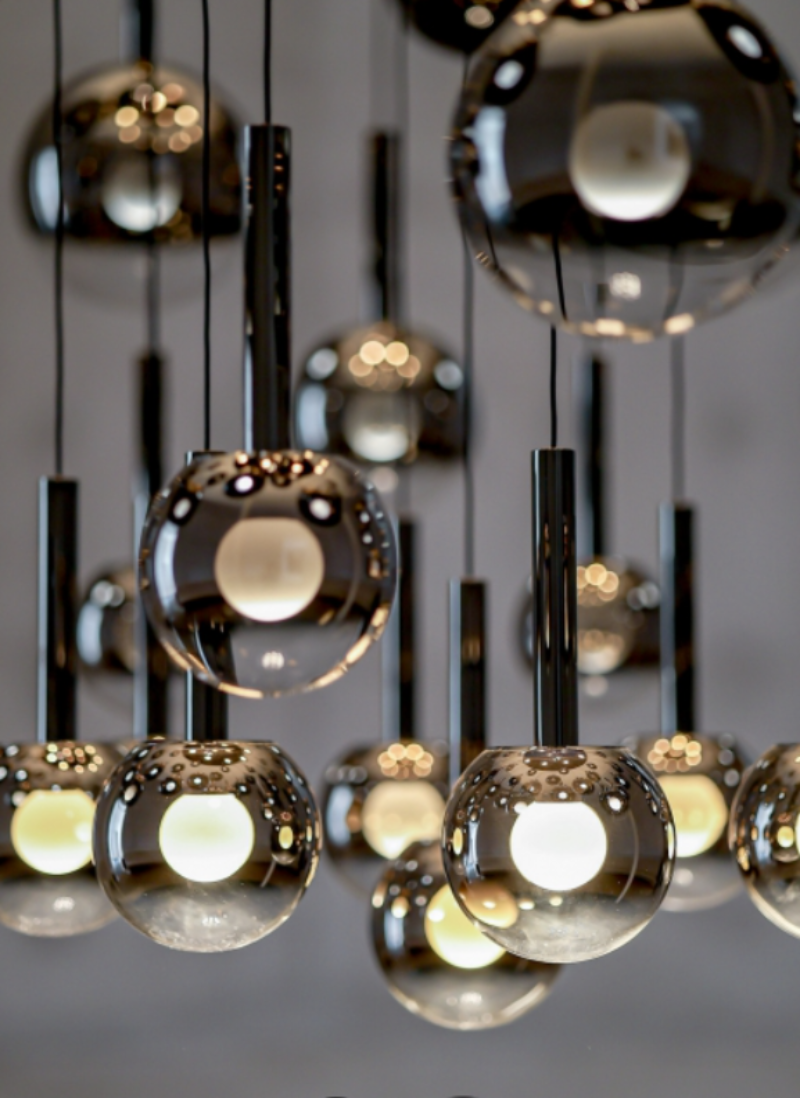 Modern ombre glass chandelier for foyer, gradient black globes in mixed sizes for staircase high ceiling lighting