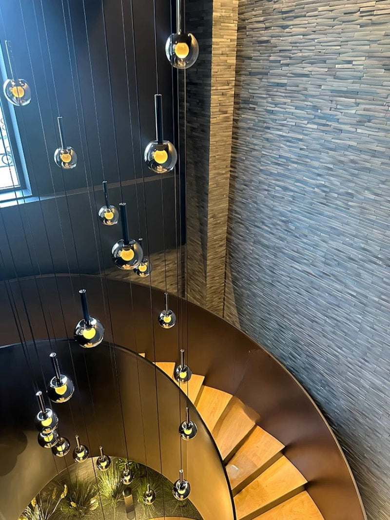Ombre bubble glass chandelier fixture, gradient black globes in spiral design for staircase foyer high ceiling