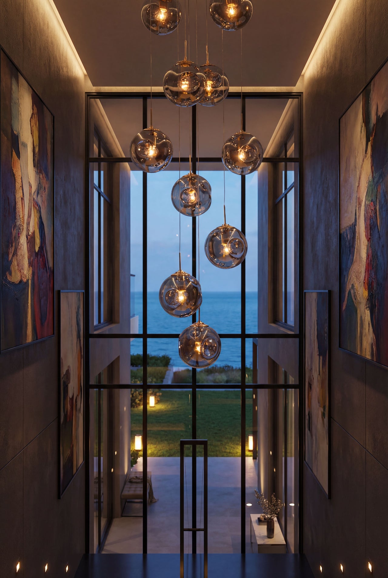 Handcrafted Murano-inspired bubble chandelier with gradient blue concave-convex glass creating artistic lighting in modern residential space