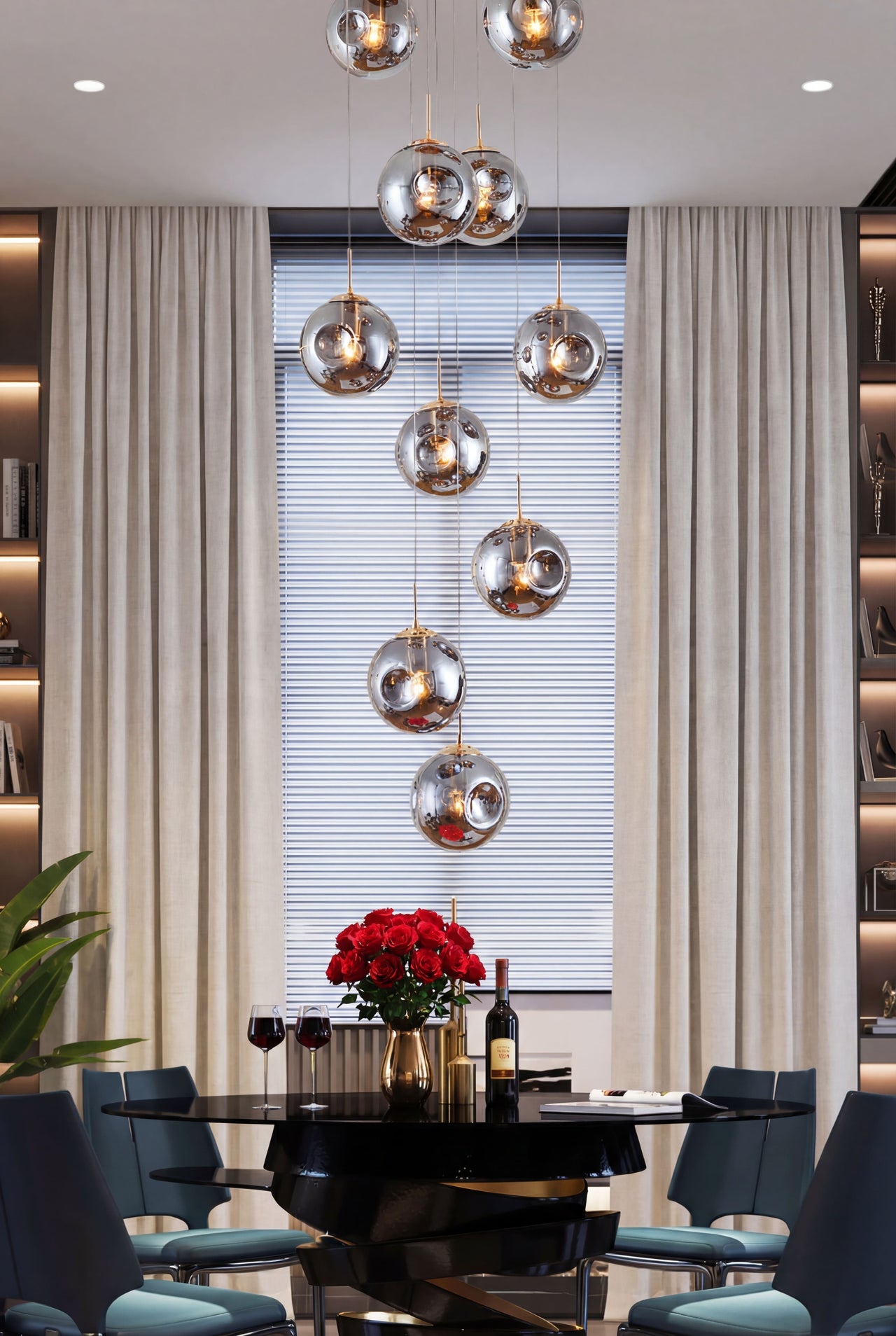 Modern dining room with a chandelier, table, chairs, and a window with blinds.