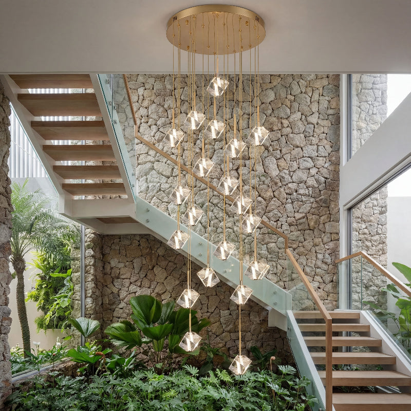 Statement Arctic Drift handcrafted ice crystal chandelier with cube design creating luxurious illumination in modern high ceiling entryway