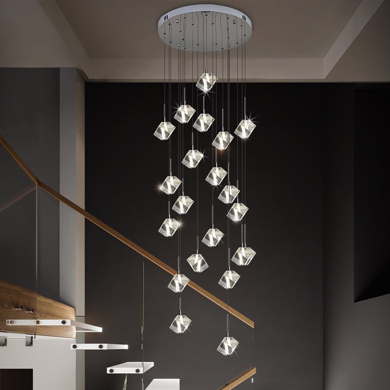 Contemporary Arctic Drift handcrafted ice crystal chandelier with clear cube-shaped lights suspended at various heights emitting warm glow