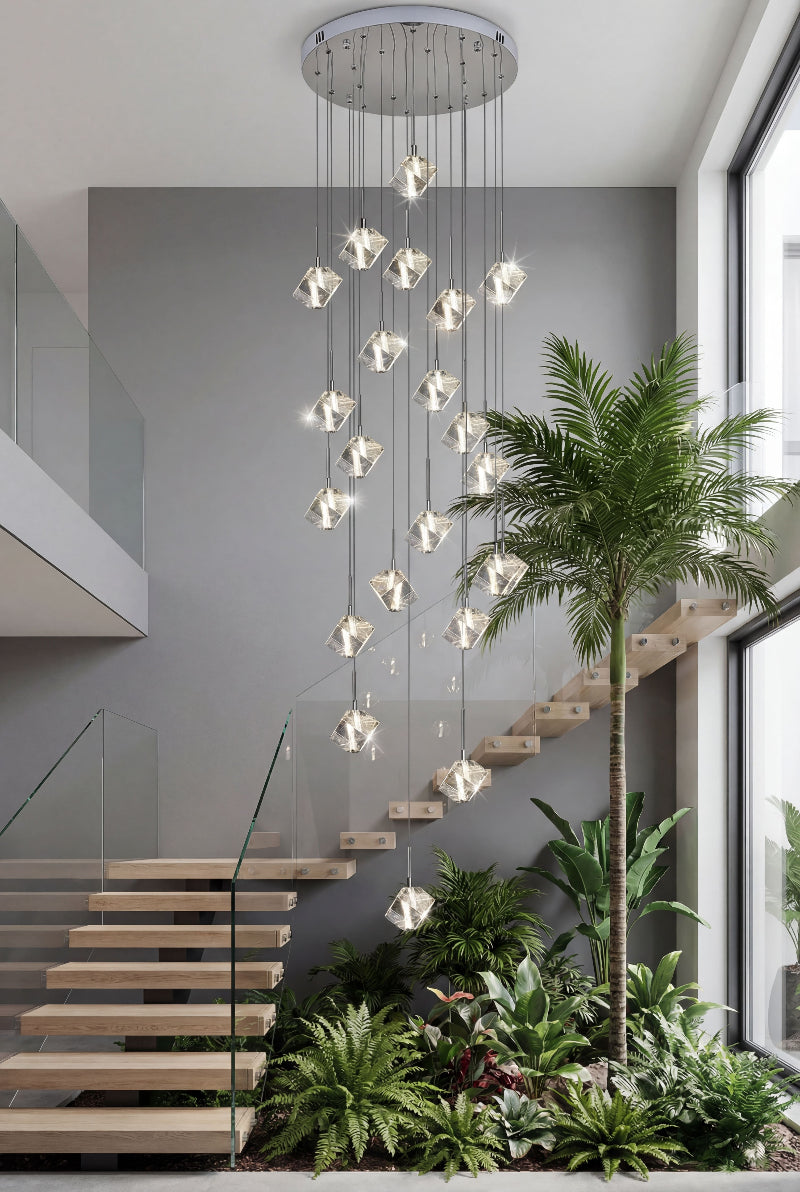 Premium Arctic Drift ice crystal cube chandelier with handcrafted design creating sophisticated lighting in contemporary residential staircase
