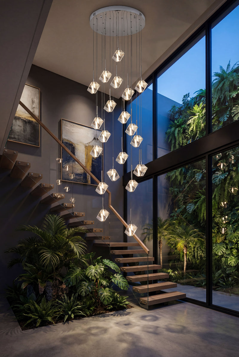 Bespoke Arctic Drift handcrafted ice crystal chandelier with cube design creating brilliant light refraction in luxury foyer stairwell space