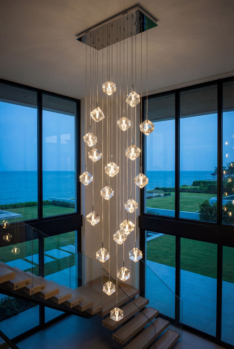 Artistic Arctic Drift ice crystal cube chandelier with handcrafted translucent design creating elegant ambient lighting in luxury foyer