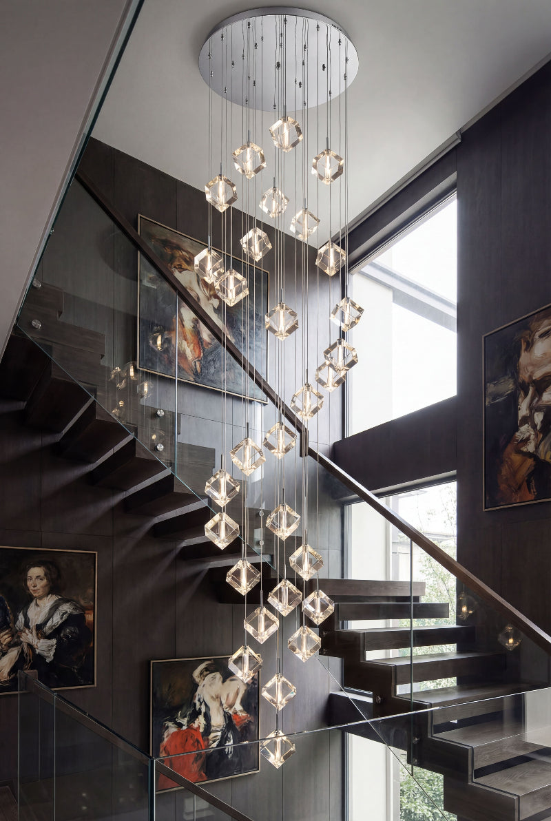 Contemporary Arctic Drift handcrafted ice crystal chandelier with cube design creating cascading lighting in modern two-story foyer staircase