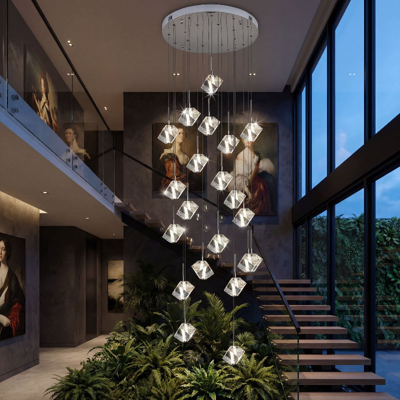 Luxury Arctic Drift ice crystal cube chandelier with handcrafted design creating brilliant sparkle in grand residential entryway