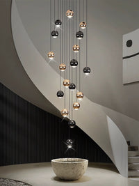 Thumbnail for Cognac glass cluster chandelier with bronze truffle design featuring K9 crystal spheres for modern foyer staircase lighting