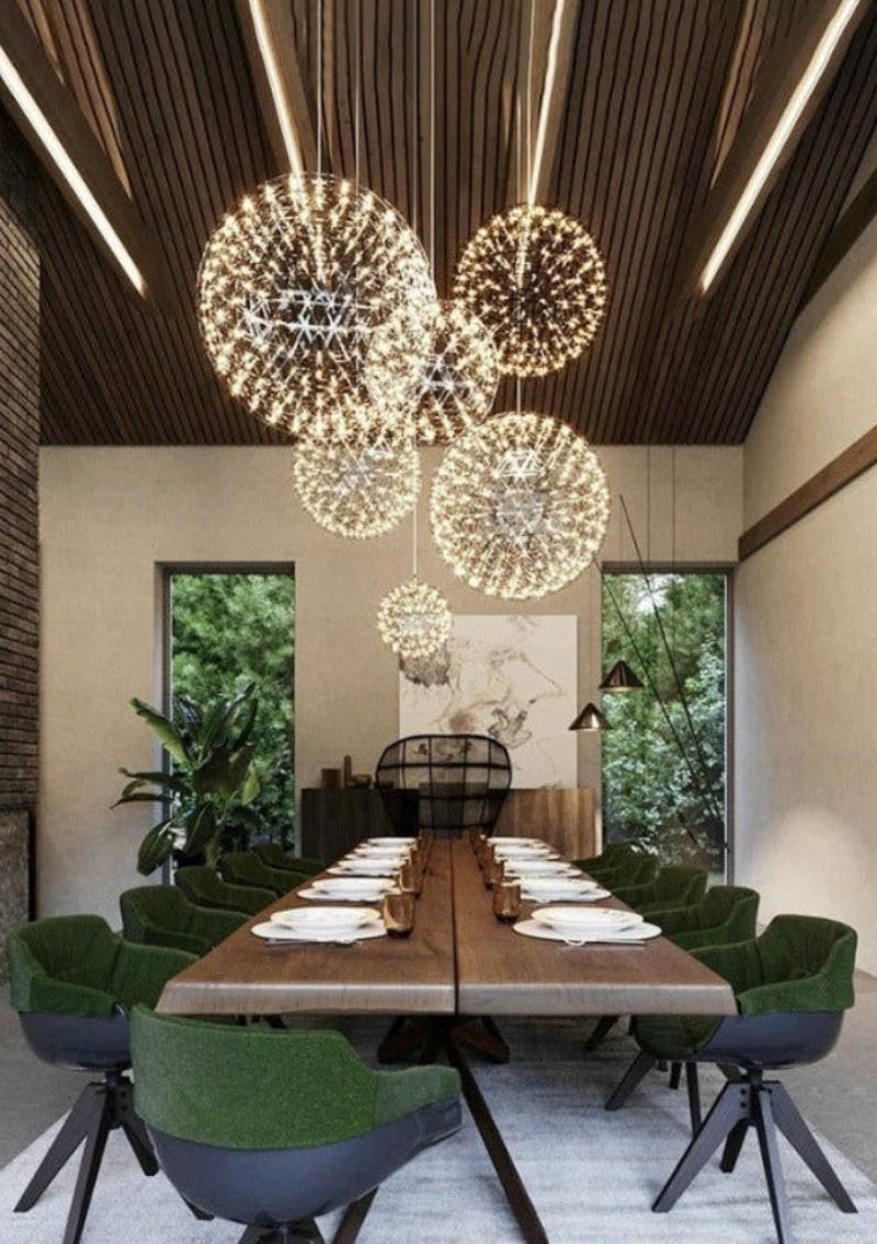 Modern LED firework chandelier in dining room, chrome starburst dandelion design for foyer high ceiling lighting