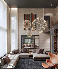 Thumbnail for Modern LED firework chandelier in foyer, chrome starburst dandelion design for staircase entryway high ceiling