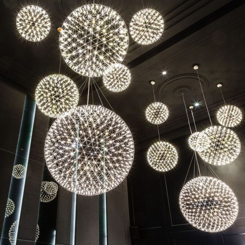 Chrome LED firework chandelier, starburst dandelion design with starry effect for dining room foyer high ceiling