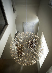 Thumbnail for Chrome-plated LED firework/starburst pendant light, featuring a dandelion-inspired design, suitable for high-ceiling spaces such as living rooms, stairwells, foyers, and entryways. The pendant light's height is adjustable.