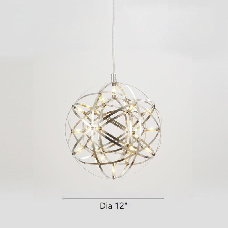 A 12-inch diameter modern chrome chandelier with an LED starburst dandelion design, suitable for living rooms, dining rooms, foyers, and spaces with high ceilings.