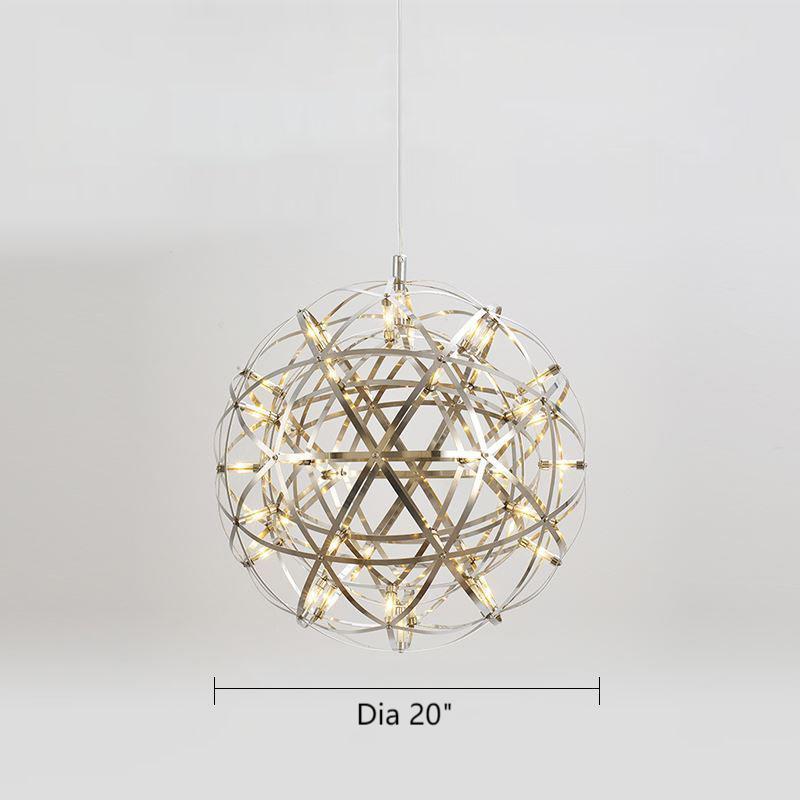 A 20-inch diameter modern chrome chandelier with an LED starburst dandelion design, suitable for living rooms, dining rooms, foyers, and spaces with high ceilings.