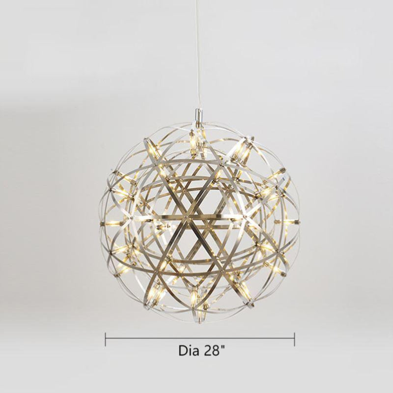 A 28-inch diameter modern chrome chandelier with an LED starburst dandelion design, suitable for living rooms, dining rooms, foyers, and spaces with high ceilings. UL certified, with adjustable hanging height.