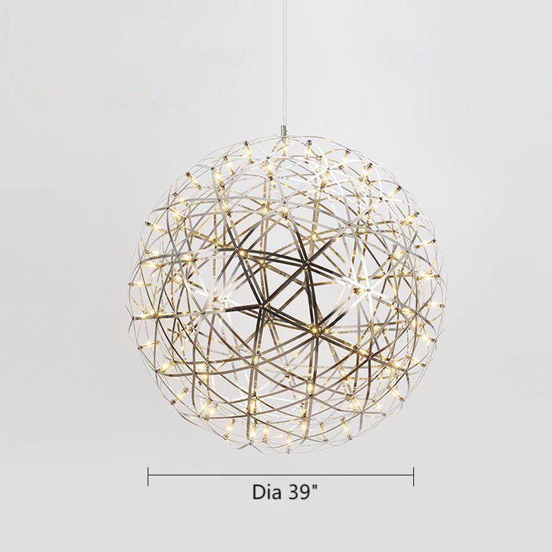 A 39-inch diameter modern chrome chandelier with an LED starburst dandelion design, suitable for living rooms, dining rooms, foyers, and spaces with high ceilings. UL certified, with adjustable hanging height.
