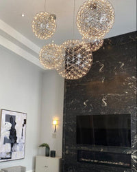 Thumbnail for Chrome firework chandelier in dining room, LED starburst dandelion design for modern interior high ceiling lighting