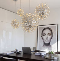 Thumbnail for Luxury Celestial Burst LED firework chandelier with chrome-plated starburst dandelion creating dramatic lighting in grand residential entryway
