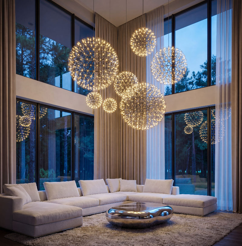 Statement Celestial Burst chrome LED firework chandelier with starburst dandelion design creating luxurious illumination in modern dining room foyer