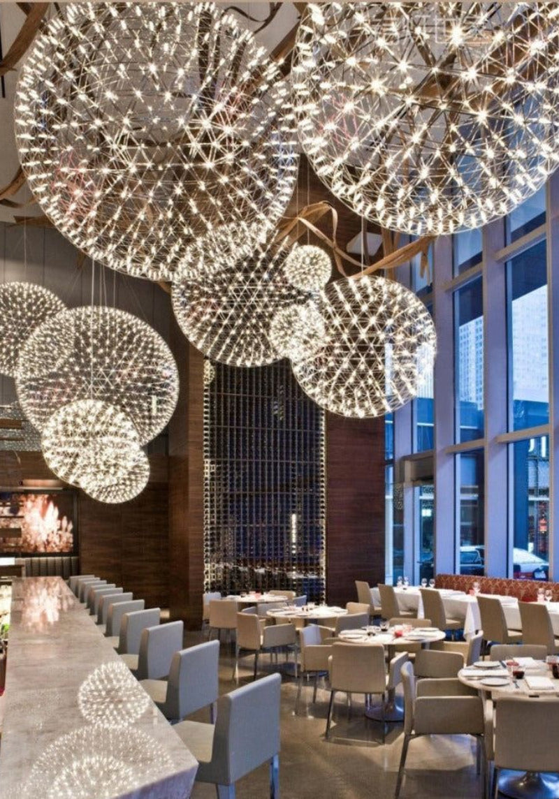 UL-certified modern LED chandelier with Celestial Burst chrome-plated starburst dandelion design for restaurant ceiling lighting