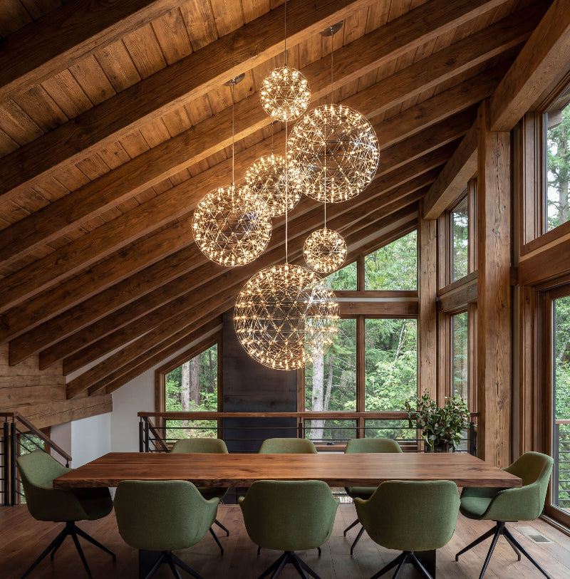 Contemporary Celestial Burst chrome LED firework chandelier with starburst dandelion design creating brilliant sparkle in modern foyer staircase