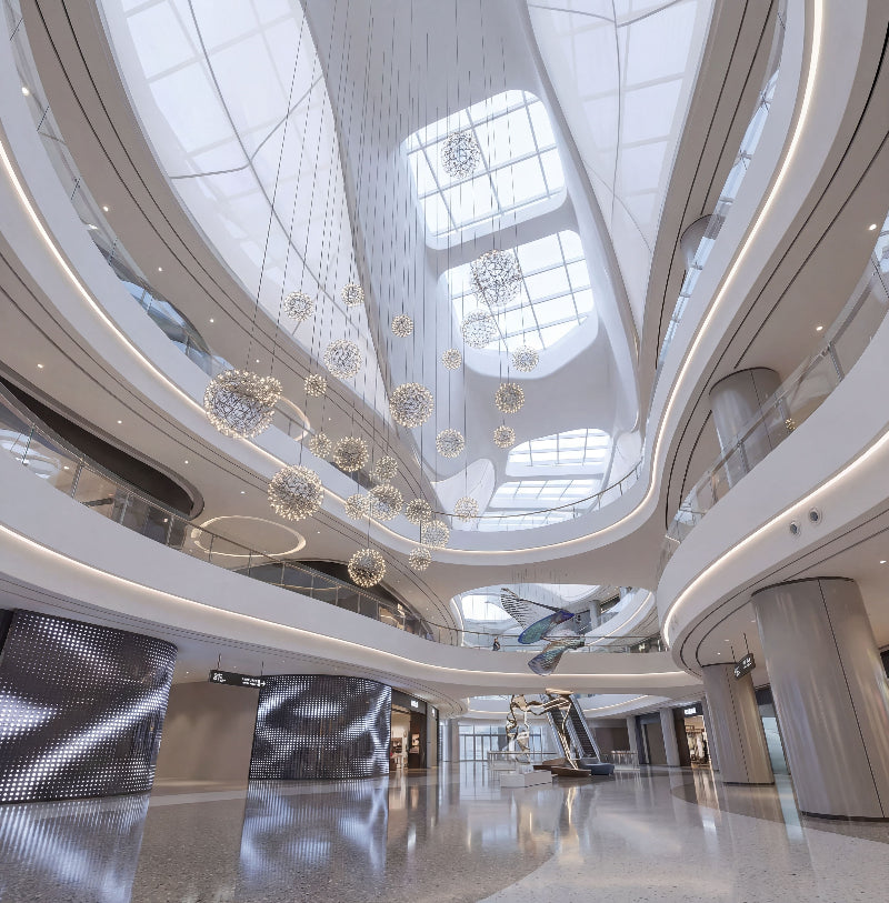 Elegant Celestial Burst modern LED firework chandelier with chrome starburst dandelion creating brilliant ambient lighting in contemporary foyer space