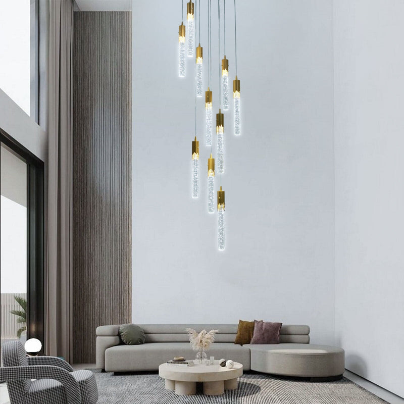 Modern luxury long crystal chandelier for living room, meteor shower spiral with 3D bubbles for high ceiling