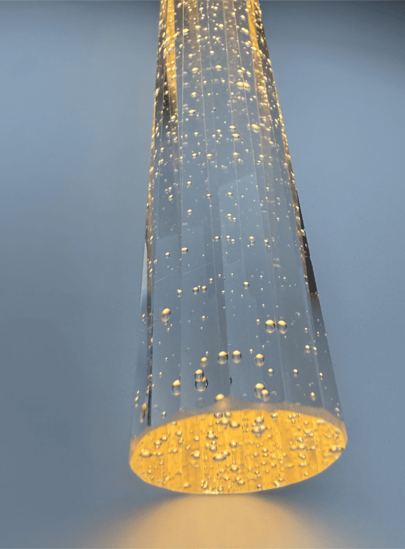 Long crystal pendant light, meteor shower design with laser-etched bubbles for staircase foyer high ceiling