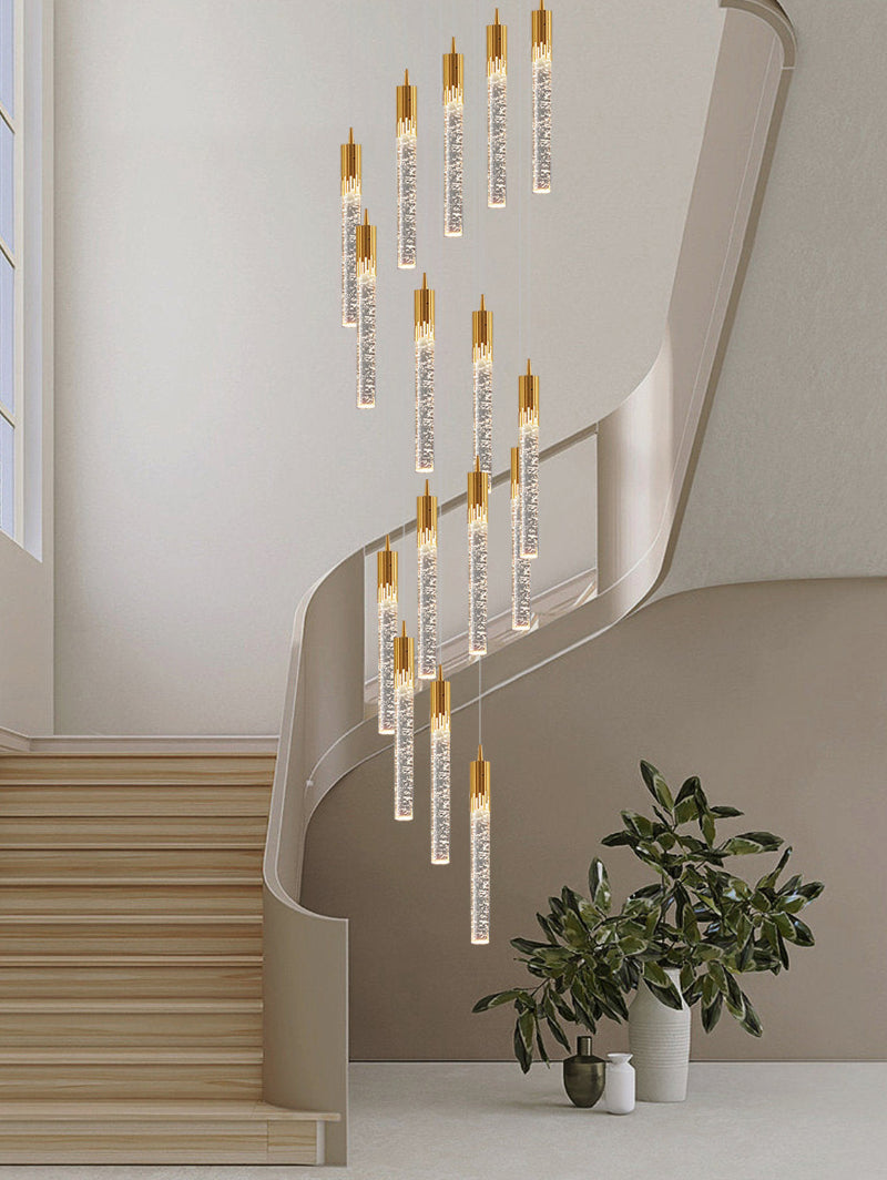 Long meteor shower crystal chandelier, spiral design with laser-etched bubbles for staircase high ceiling