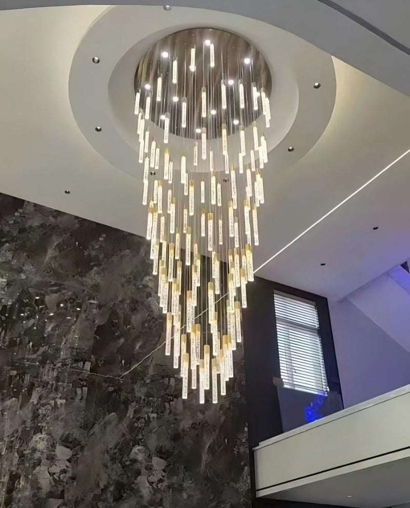 Solid K9 crystal meteor shower chandelier, long spiral design with 3D bubbles for two-story foyer stairwell