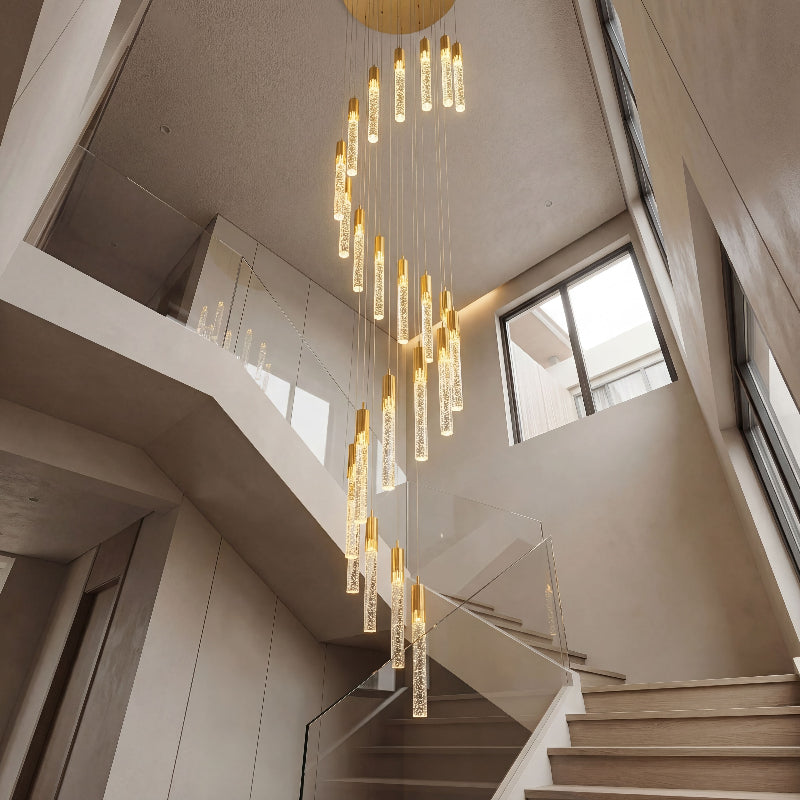 Statement Celestial Rain long meteor shower crystal chandelier with random design creating luxurious illumination in modern high ceiling foyer